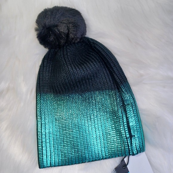 JOCELYN Faux Fur Pom Metallic Ombré Knit Beanie Hat main image 6